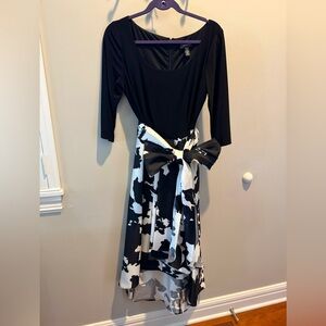 Black and white high low cocktail dress with tie around waist